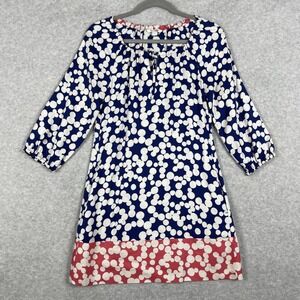 Boden Silk Blend Polka Dot Shift Dress Womens Petite 2P Navy 3/4 Sleeve Tie Neck